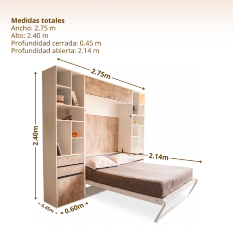 medidas Cama Rebatible 2 Plazas con Bibliotecas y Baulera medidas Cama Rebatible 2 Plazas con Bibliotecas y Baulera