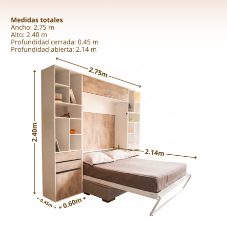 medidas Cama Rebatible 2 Plazas con Sofá, Bibliotecas y Baulera medidas Cama Rebatible 2 Plazas con Sofá, Bibliotecas y Baulera